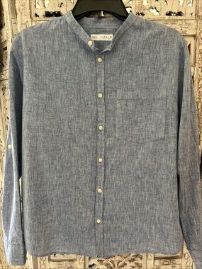 NWOT Zara Boys Sz 13-14 Light Blue Weave Band Mandarin Collar Shirt